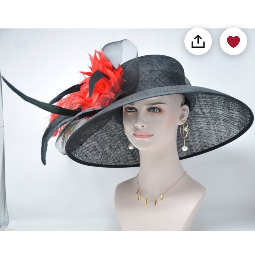 Black red feathers Flowers Kentucky Derby Tea Party Wide Brim Hat Handmade